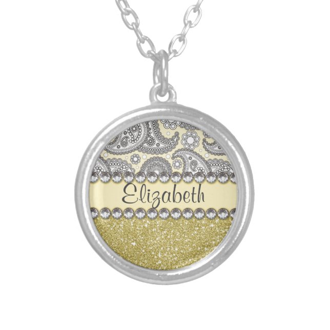 Glitter Paisley Rhinestone Print Pattern Silver Plated Necklace (Front)