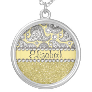 Glitter Paisley Rhinestone Print Pattern Silver Plated Necklace