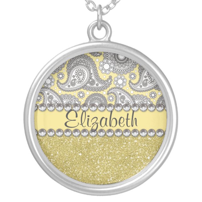 Glitter Paisley Rhinestone Print Pattern Silver Plated Necklace (Front)