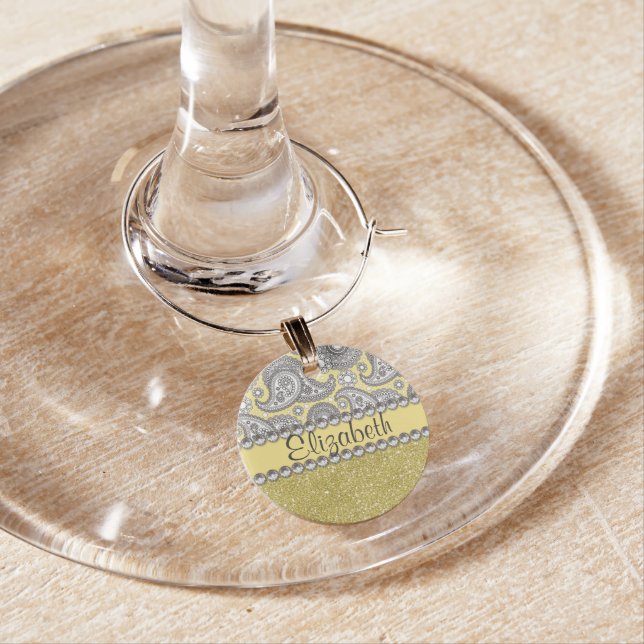 Glitter Paisley Rhinestone Print Pattern Wine Glass Charm (In Situ)
