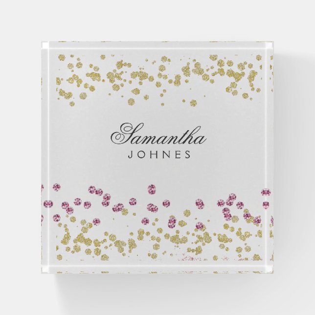Glitter Party rose and goldMonogram Paperweight (Front)