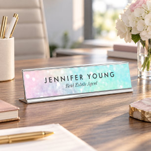 Glitter Pastel Bokeh Girly Colorful Pattern Desk Name Plate