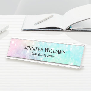 Glitter Pastel Bokeh Girly Colorful Pattern Desk Name Plate