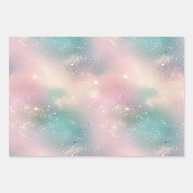 Glitter Pastel Milky Way Galaxy Custom Name Wrapping Paper Sheets (Front)