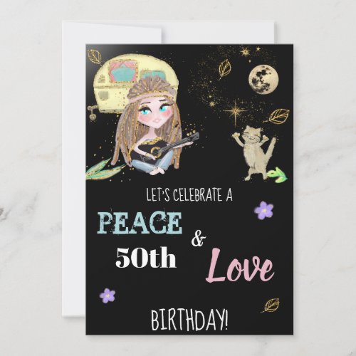  Glitter Peace  Love Camping Hippie Birthday Invitation