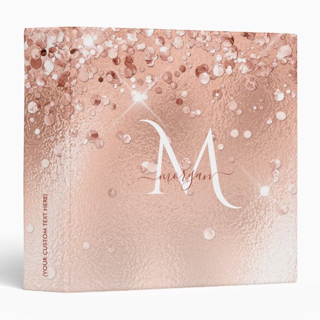 Glitter Peach Rose Gold Monogram 3 Ring Binder (Front/Spine)