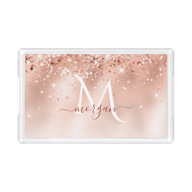 Glitter Peach Rose Gold Monogram Acrylic Tray (Front)