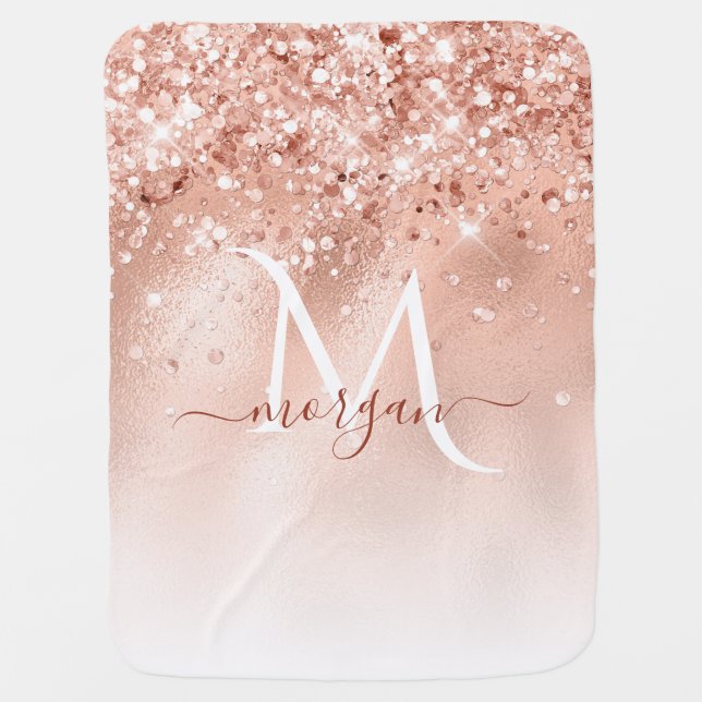 Glitter Peach Rose Gold Monogram Baby Blanket (Front)