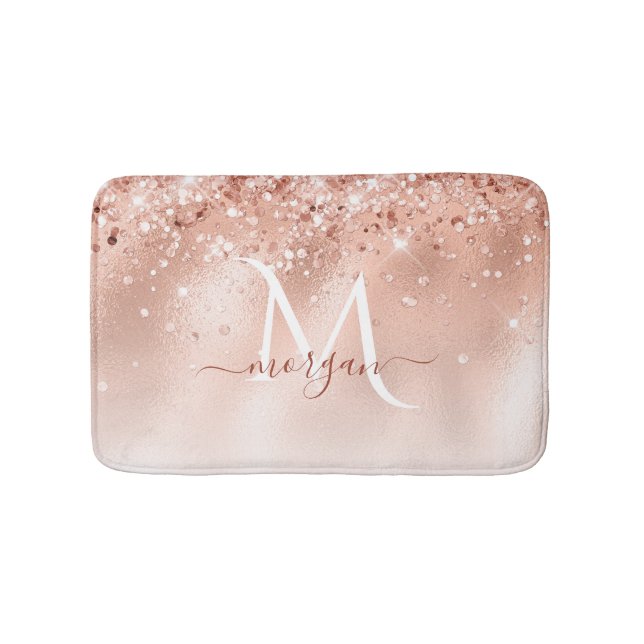 Glitter Peach Rose Gold Monogram Bath Mat (Front)