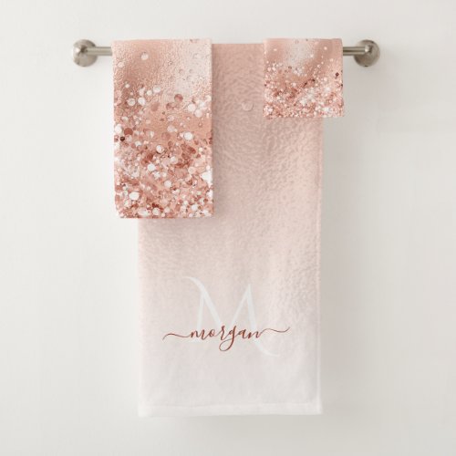 Glitter Peach Rose Gold Monogram Bath Towel Set