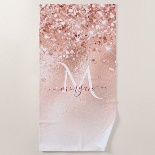 Glitter Peach Rose Gold Monogram Beach Towel