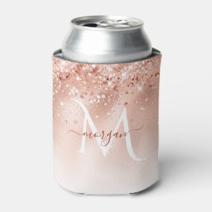Glitter Peach Rose Gold Monogram Can Cooler