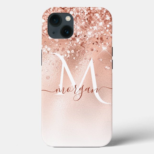 Glitter Peach Rose Gold Monogram Case-Mate iPhone Case (Back)