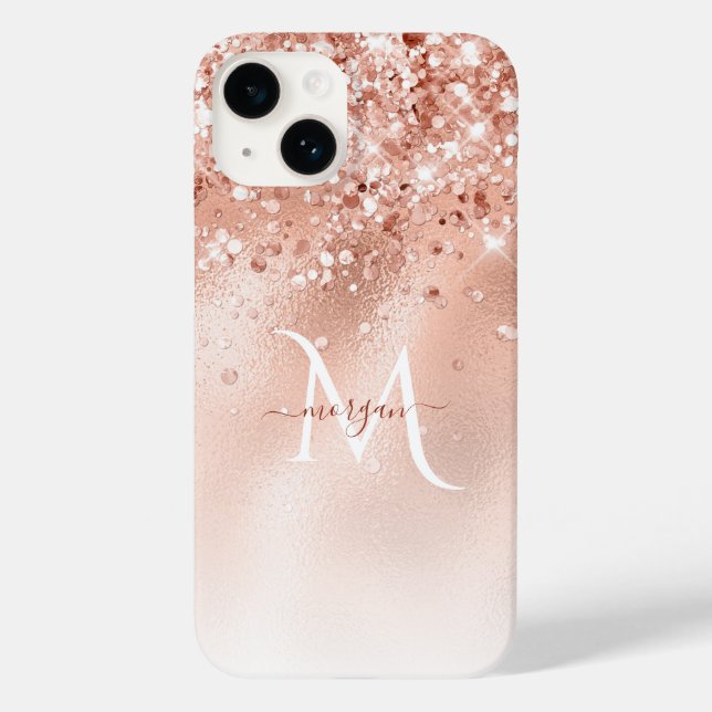 Glitter Peach Rose Gold Monogram Case-Mate iPhone Case (Back)