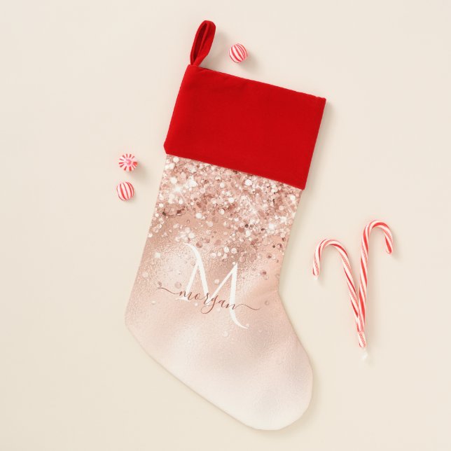Glitter Peach Rose Gold Monogram Christmas Stocking (Front)