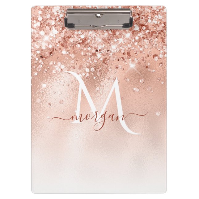 Glitter Peach Rose Gold Monogram Clipboard (Front)