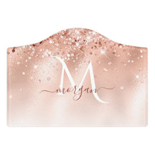 Glitter Peach Rose Gold Monogram Door Sign