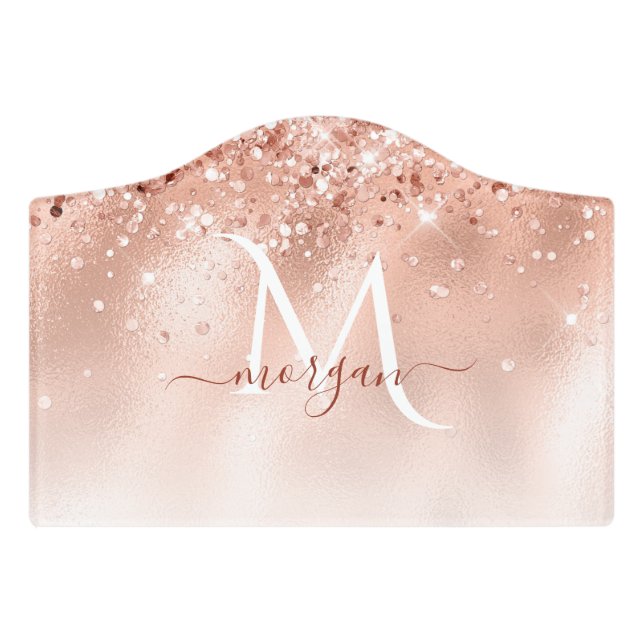 Glitter Peach Rose Gold Monogram Door Sign (Small Crest Front)