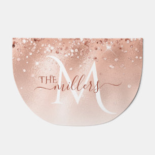 Glitter Peach Rose Gold Monogram Doormat
