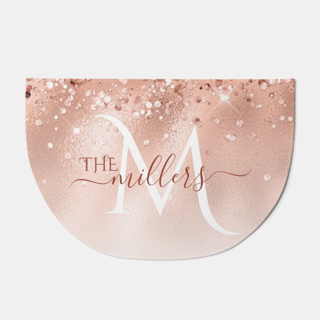 Glitter Peach Rose Gold Monogram Doormat (Front)