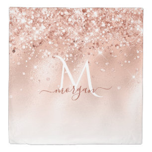 Glitter Peach Rose Gold Monogram Duvet Cover