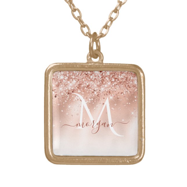 Glitter Peach Rose Gold Monogram Gold Plated Necklace (Front)