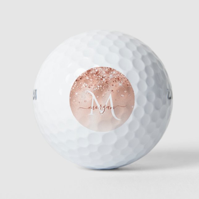 Glitter Peach Rose Gold Monogram Golf Balls (Front)