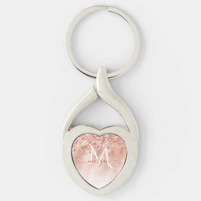Glitter Peach Rose Gold Monogram Keychain (Front)