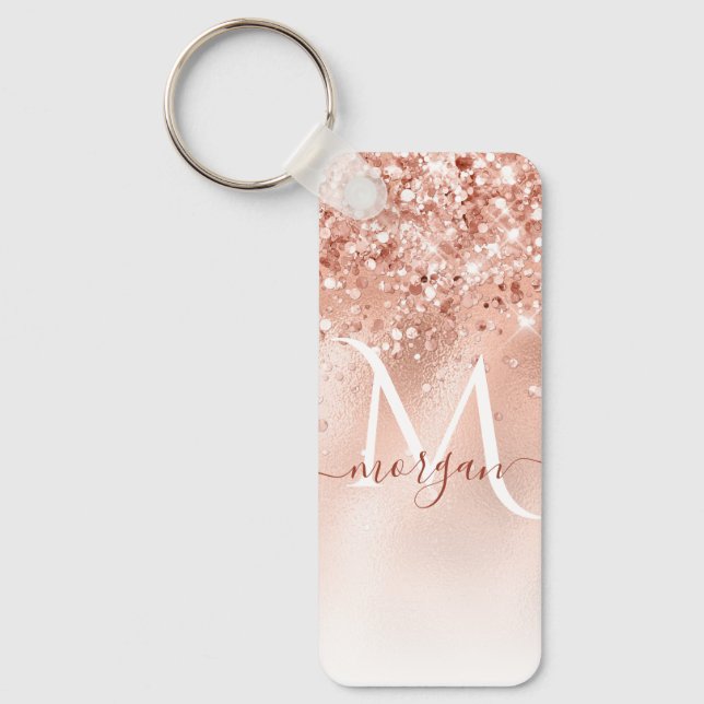 Glitter Peach Rose Gold Monogram Keychain (Front)