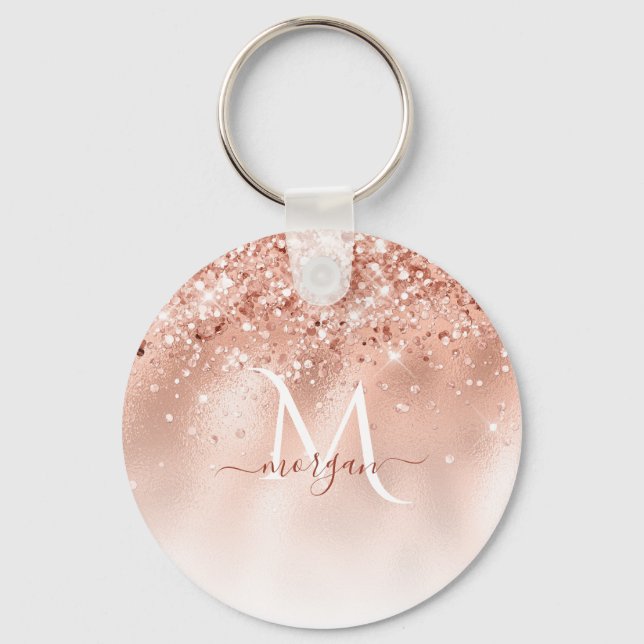 Glitter Peach Rose Gold Monogram Keychain (Front)
