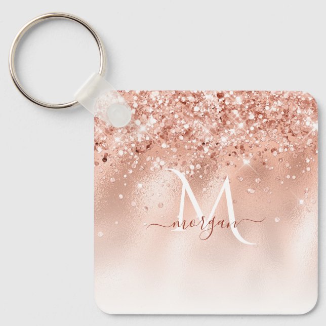 Glitter Peach Rose Gold Monogram Keychain (Front)