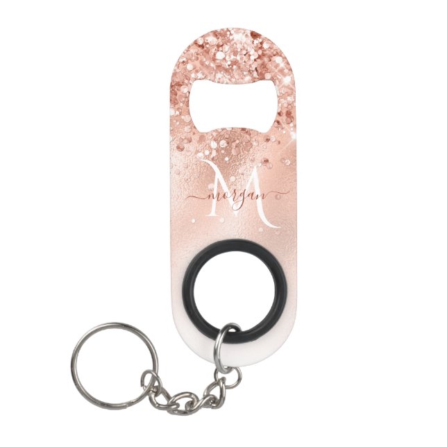 Glitter Peach Rose Gold Monogram Keychain Bottle Opener (Front)