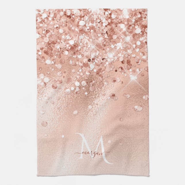 Glitter Peach Rose Gold Monogram Kitchen Towel (Vertical)