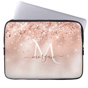 Glitter Peach Rose Gold Monogram Laptop Sleeve