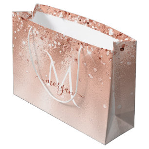 Glitter Peach Rose Gold Monogram Large Gift Bag