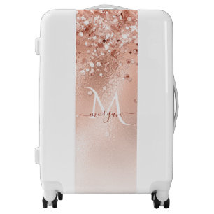 Glitter Peach Rose Gold Monogram Luggage