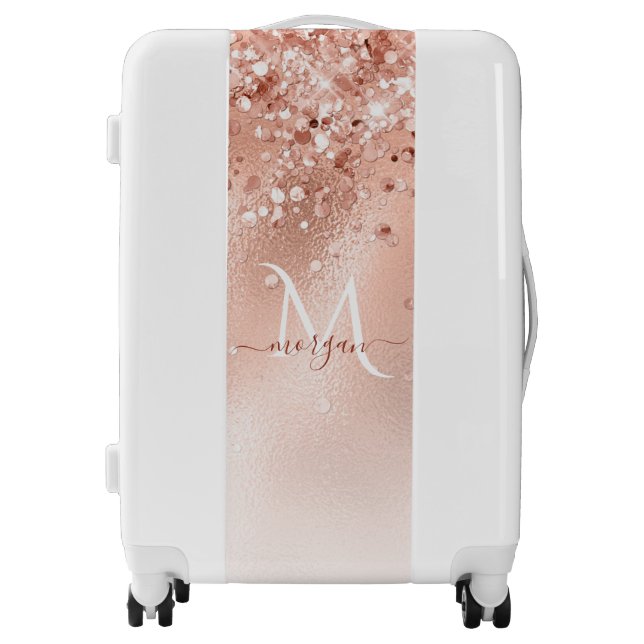 Glitter Peach Rose Gold Monogram Luggage (Front)