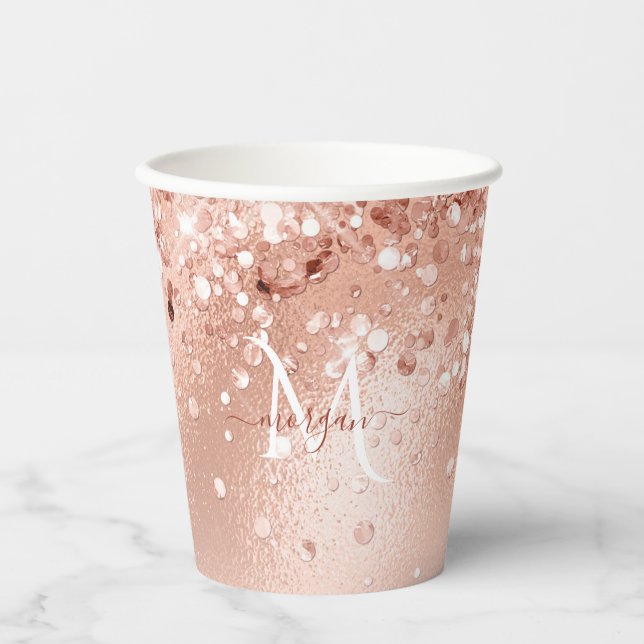 Glitter Peach Rose Gold Monogram Paper Cups (Front)