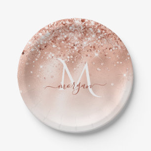 Glitter Peach Rose Gold Monogram Paper Plates