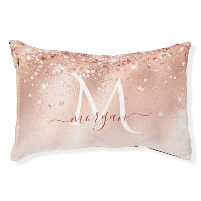 Glitter Peach Rose Gold Monogram Pet Bed (Front)