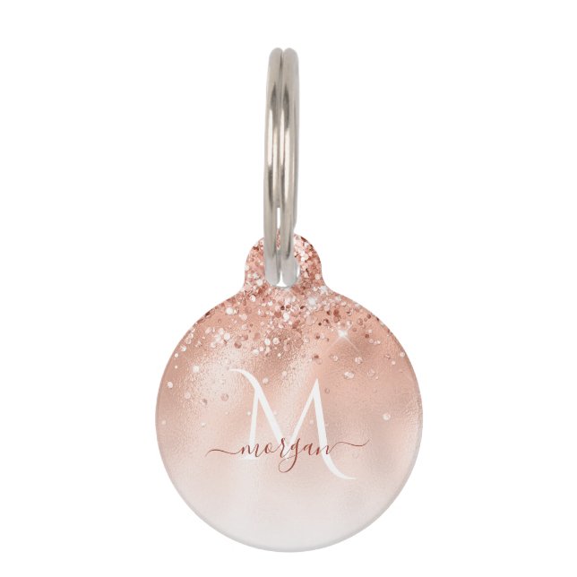 Glitter Peach Rose Gold Monogram Pet ID Tag (Front)