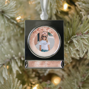 Glitter Peach Rose Gold Monogram Photo Silver Plated Banner Ornament