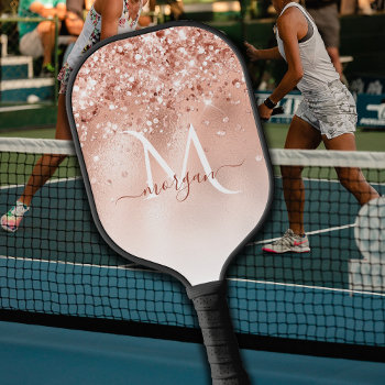 Glitter Peach Rose Gold Monogram Pickleball Paddle by freshpaperie at Zazzle