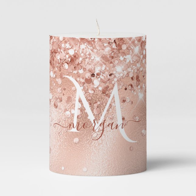 Glitter Peach Rose Gold Monogram Pillar Candle (Front)