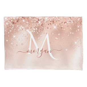 Glitter Peach Rose Gold Monogram Pillow Case