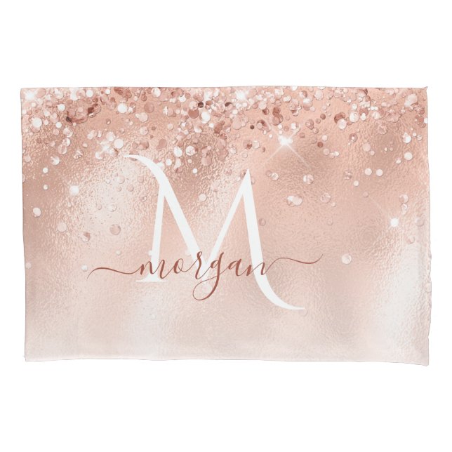 Glitter Peach Rose Gold Monogram Pillow Case (Front)