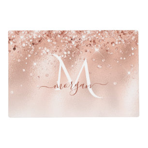 Glitter Peach Rose Gold Monogram Placemat