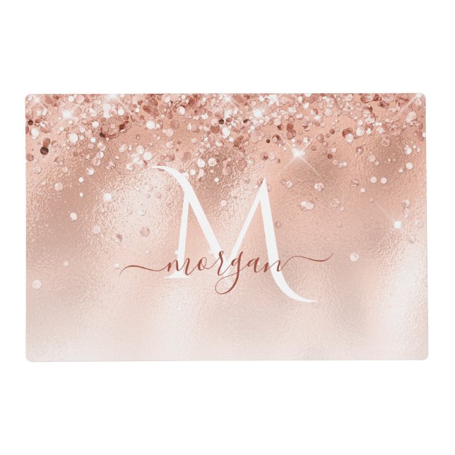 Glitter Peach Rose Gold Monogram Placemat (Front)