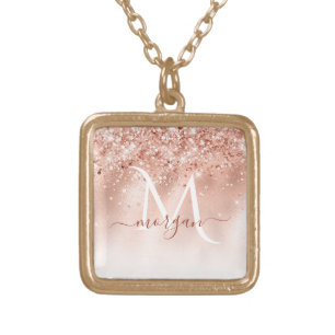 Glitter Peach Rose Gold Monogram Plated Necklace