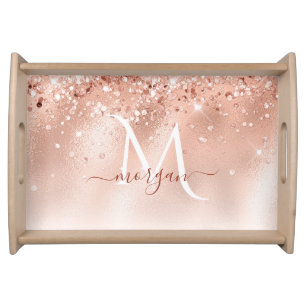 Glitter Peach Rose Gold Monogram Serving Tray